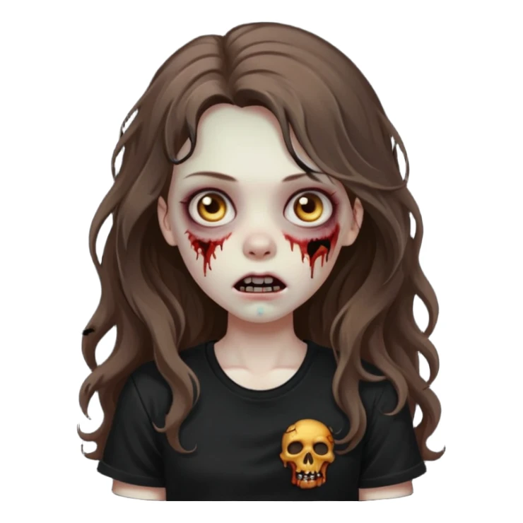 crie um emoji de uma garota zoombie cabelo castanho e longo , assustadora e fofa com cabelo ondulado 2b e camiseta básica preta sticker
