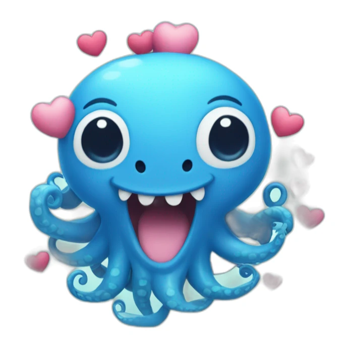 cute blue kraken with adorable face with many hearts around sticker