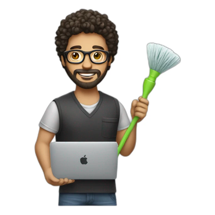 man with glasses and light stubble beard, dark hair, working on macbook and holding a cleaning mop on his hand sticker