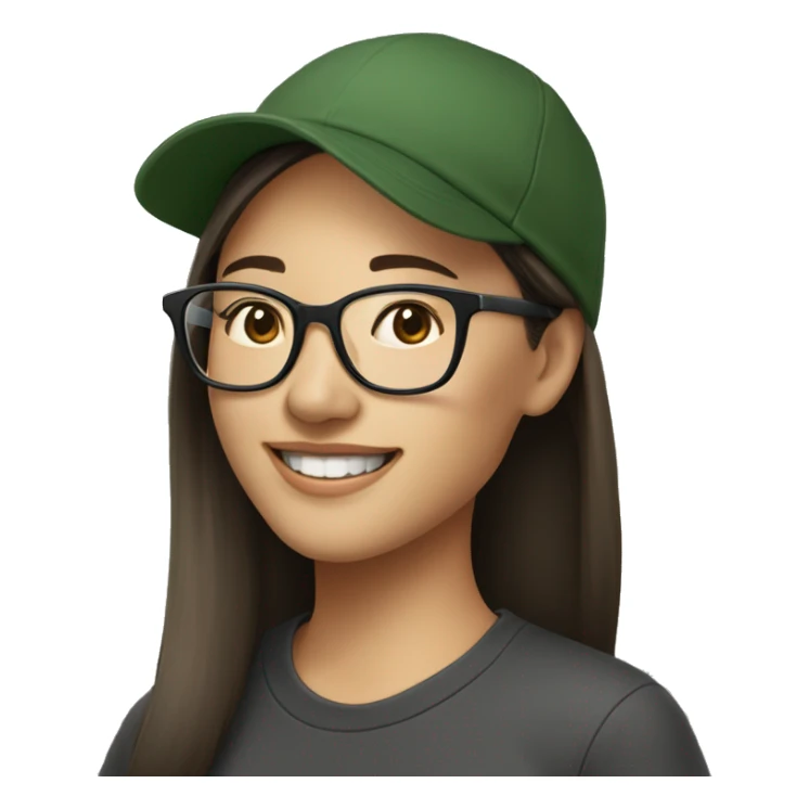 Hyper realistic, look from side, asian adult woman, light white skin, smiling with teeth, black eyes, spotted frame glasses, long light brown straight hair, black T-shirt, dark green cap. sticker
