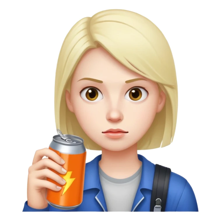 student holding energy drink can, tired face sticker