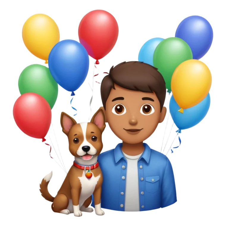 boy and his dog at party with balloons and cake sticker