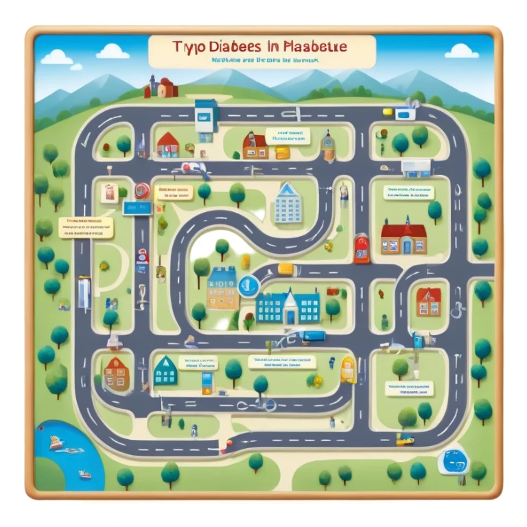 journey on a game board about Type 1 diabetes and aging with pretty pathways and landing places (hospital, places to live, advocacy, physical changes, to share knowledge and ways of coping, energetic with text: T1D to 100 and subtext Aging with Type 1 diabetes, easy for seniors to see and understand sticker