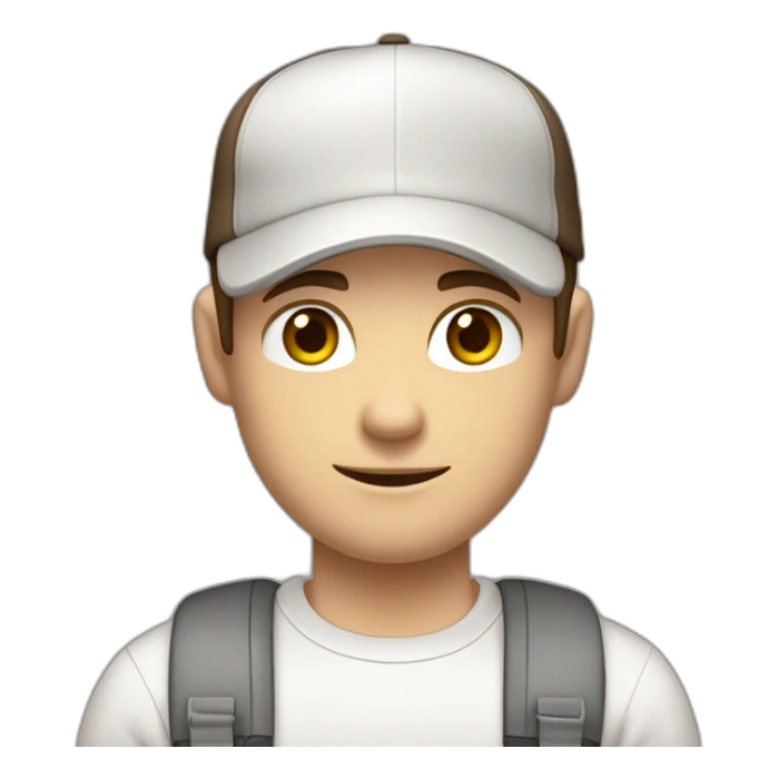 Pale skinned fit Man with dark brown hair in a light gray cap, dark brown jeans, brown polo and white T-shirt keeping a pasted with tape white box into his hands sticker