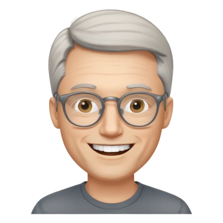 40 yr old pale white man, grey side swept hair, round glasses, big smile, white teeth, handsome, longer hair, thin glasses sticker