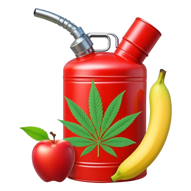 bright red gasoline canister surrounded by a banana, an apple, grapes, and a cannabis leaf, red fuel can with fruits and marijuana leaf arranged around it sticker