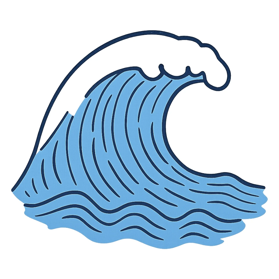 Notion style hand drawn doodle of a stylized ocean wave in blue sticker