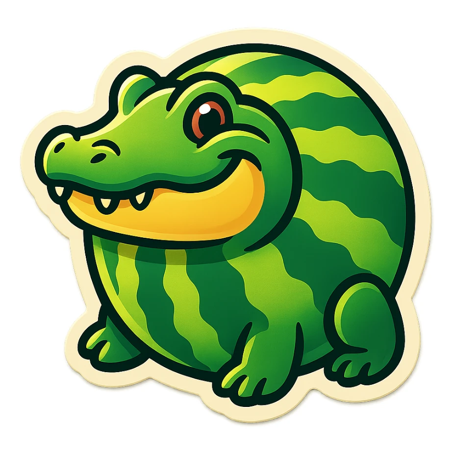 Create a simple, expressive emoji of a crocodile with a watermelon body. Keep the watermelon body and crocodile head, but simplify the details for a clean emoji look. Remove the background for clarity. sticker
