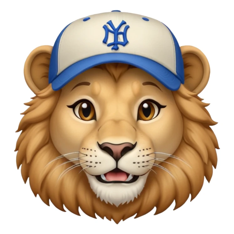friendly anthropomorphised female lion head and shoulders wearing a baseball cap sticker