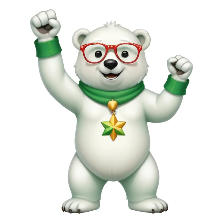 full body friendly anthropomorphised polar bear smiling, wearing large multicolored star-shaped glasses and festive St. Patrick's Day outfit, raising a fist in celebration sticker