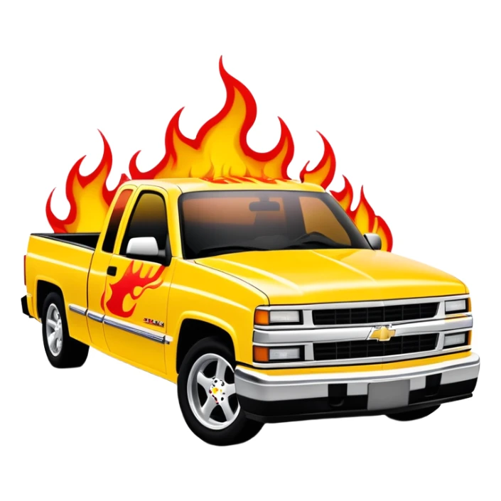 1997 yellow Chevrolet Silverado with detailed custom airbrushed red flame artwork spreading across hood and front, movie-accurate Kill Bill design, 30-degree angle, iOS emoji style sticker