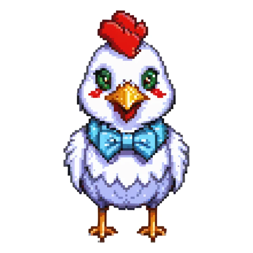 A pixel art chicken with a funny face wearing a bowtie sticker