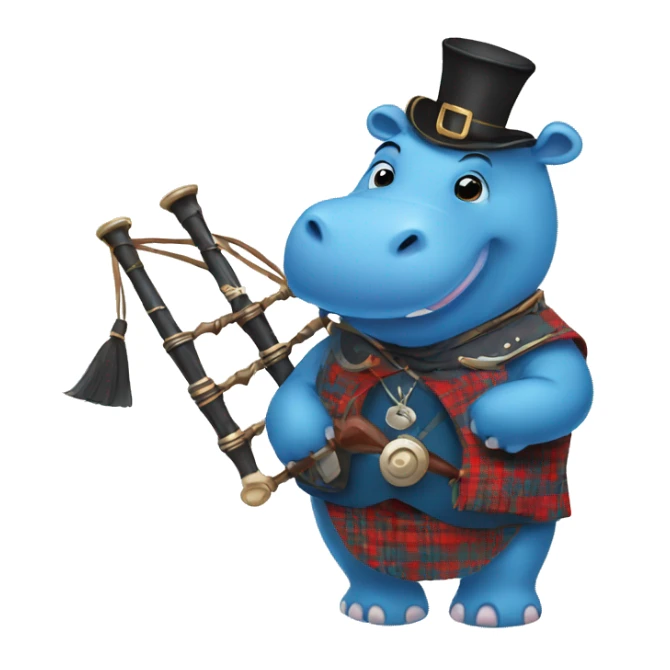Blue hippo with bagpipes and traditional Scottish clothes sticker
