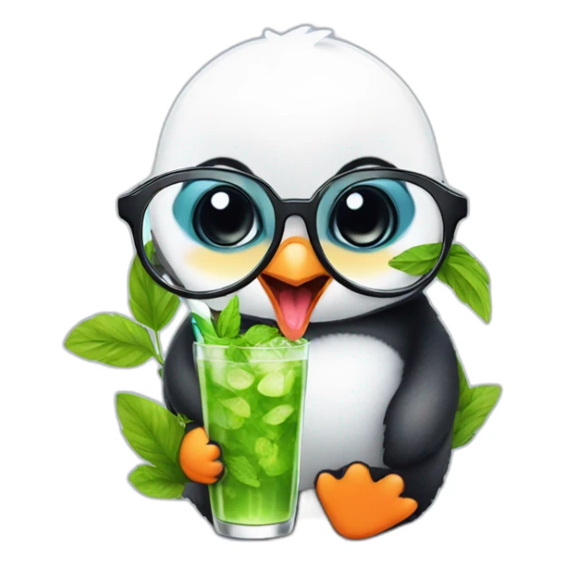 baby penguin with big glasses drinking mojito sticker