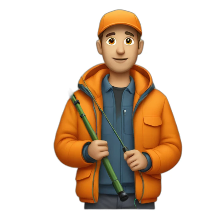 guy in an orange jacket holding a fishing rod sticker