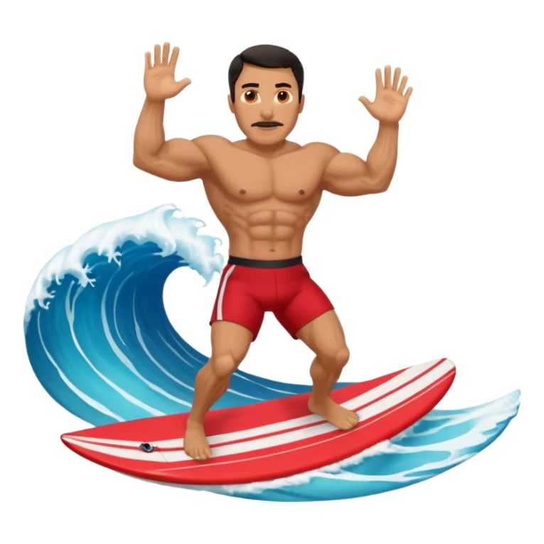 50 year old, muscular, dark haired, tan, red shorts man riding a big wave sticker