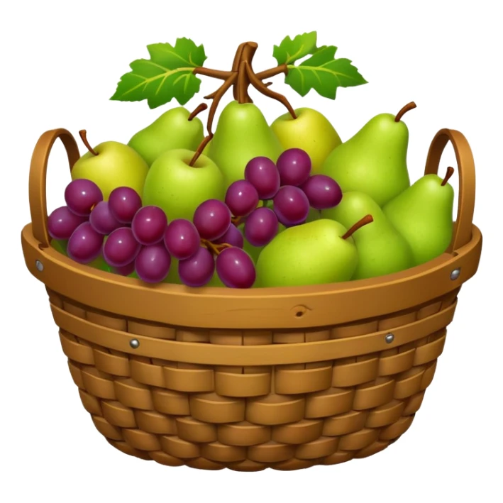 medieval fruit basket object icon, grapes apples pears, woven basket, rustic medieval vibe, 3D cartoon, mobile game icon style, clean background, no text, no watermark
 sticker