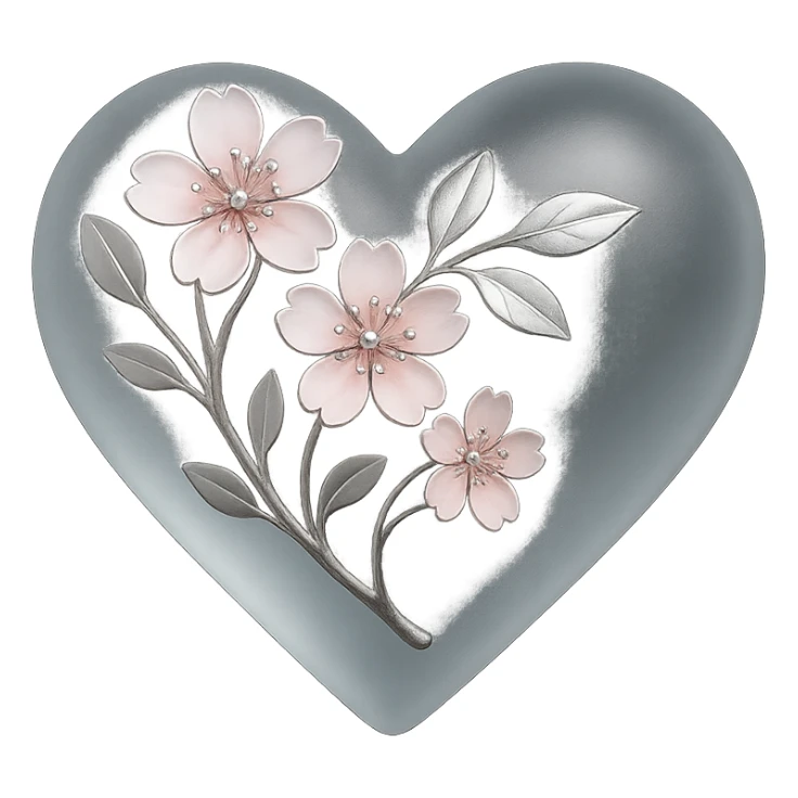 heart with sakura and silver accents, matte glass style sticker