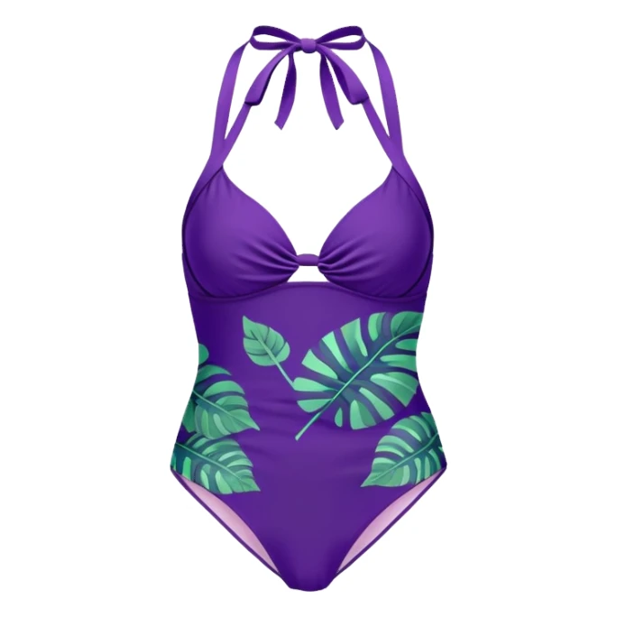 Retro purple halter tankini with high waisted leafy bottoms bathing suit sticker