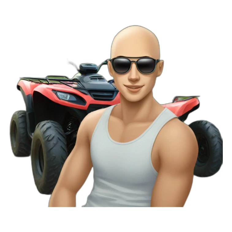 Young man with atv quad cfmoto, no hair, sunglass sticker