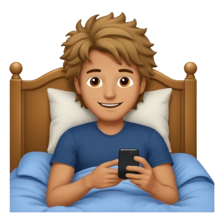 Man emoji lying in bed smiling and looking at his phone sticker