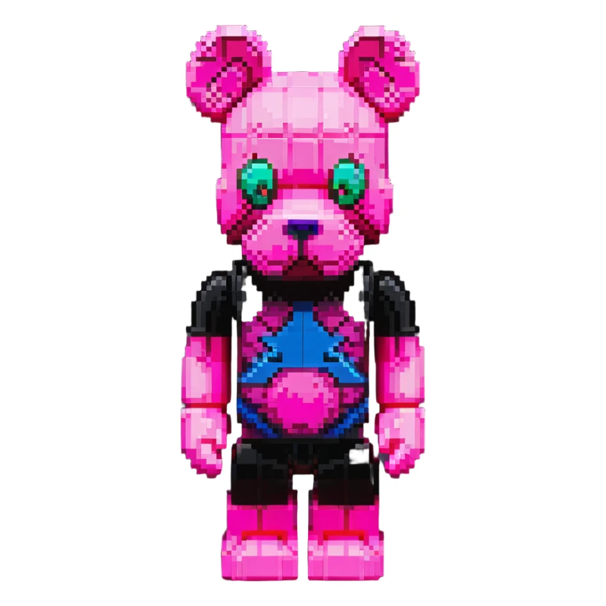 Pixel art KAWS Bearbrick figure with X eyes wearing a hot pink balaclava, blocky bear shape sticker