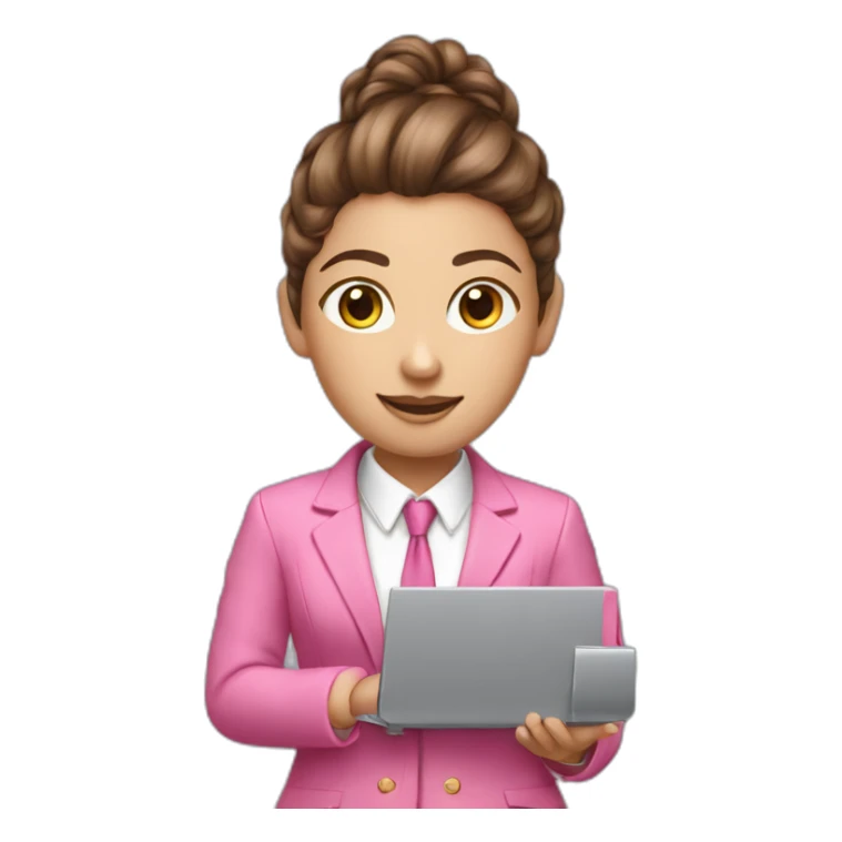 long brown curly pony tail girl with computer wearing pink suit sticker