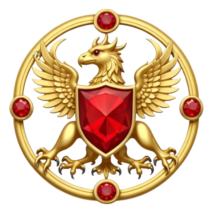 Golden griffin crest / brosch in a circle with red gems and no background sticker
