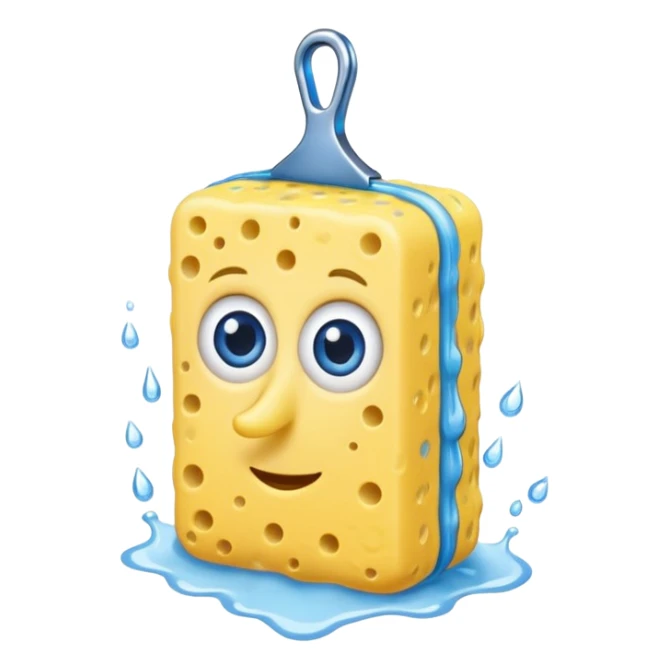 A yellow Kitchen sponge with blue eyes and a yellow skinny nose sticker
