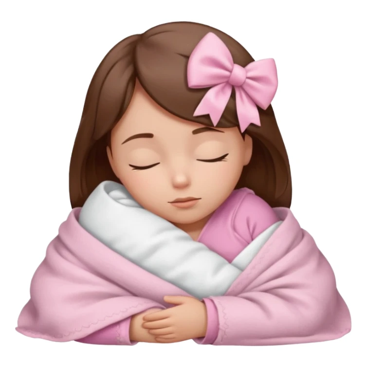 Sleeping child with brown hair wrapped in a light pink blanket with a white bow over the blanket sticker