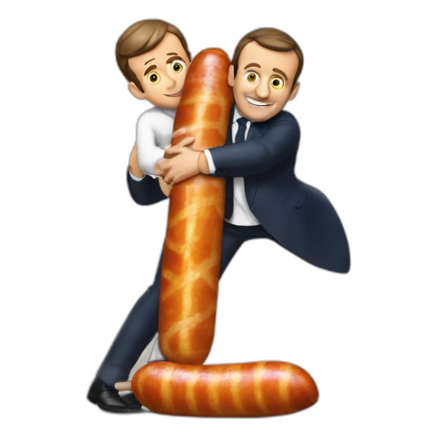 emmmanuel macron hugging a giant saussage sticker