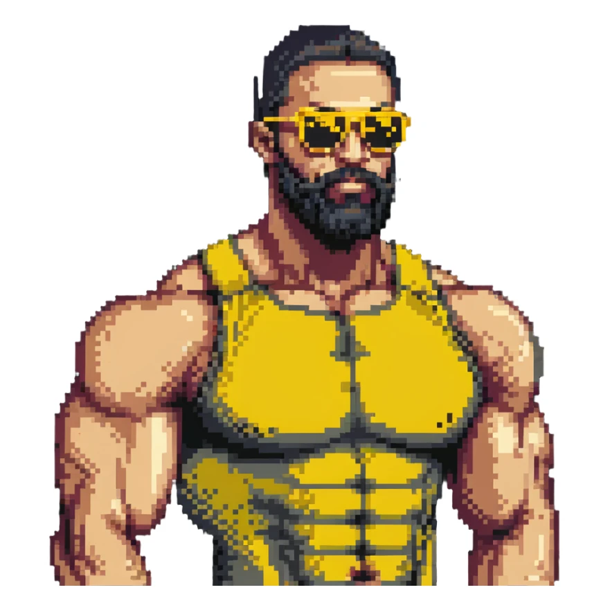 muscular man with black beard wearing yellow sunglasses sticker