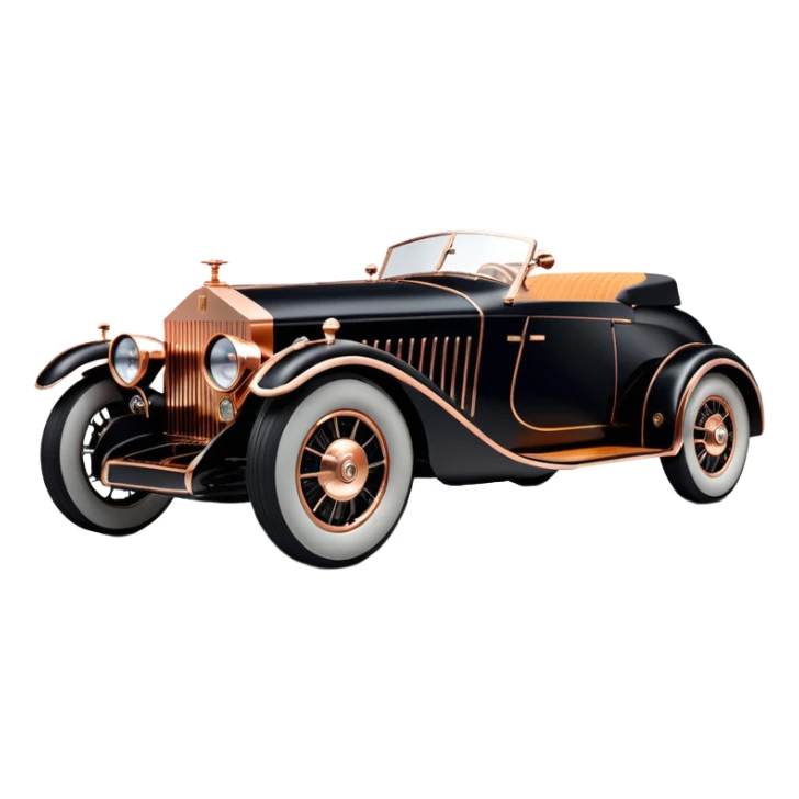 Dark black Bare bones streamlined (stripped down) hot rodded inlaid rose gold and wood accentuated sporty 1932 Rolls Royce with futuristic electric spaceship plasma neon glowing motors and lightening dynamos with wide racing wheels that are held strong by advanced suspension and steering sticker