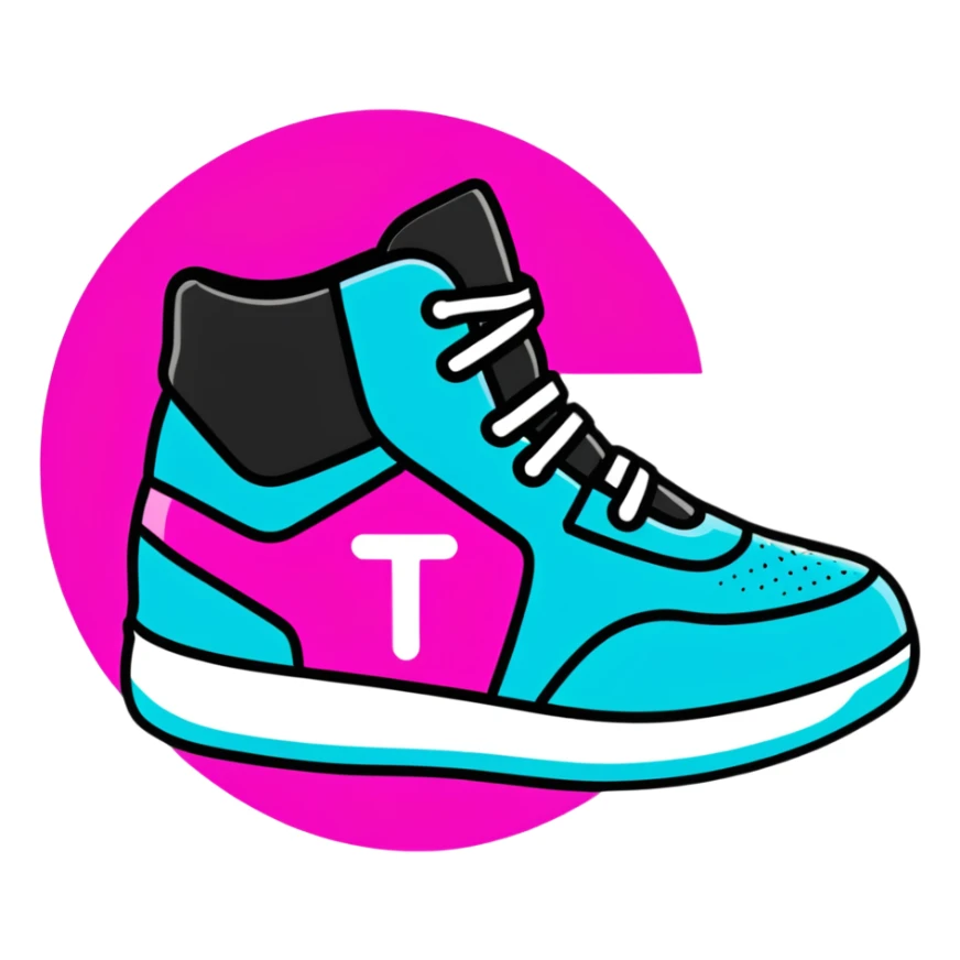 Minimalist sticker with white 'tt' letters on a black circle with cyan, magenta, and yellow dots below, sneaker with street style influence sticker