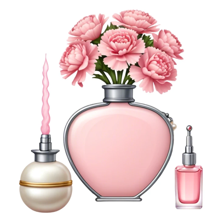 "An ornate Shell Pink perfume bottle with an atomizer, surrounded by Pearl Pink carnations. A string of pearls and a vintage mirror enhance the old Hollywood charm." sticker
