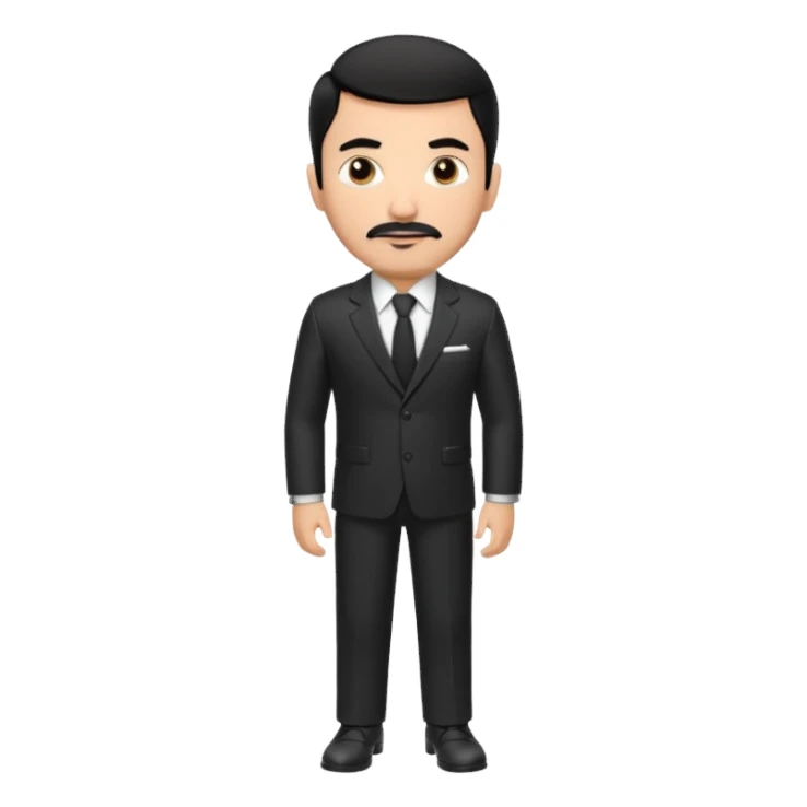 Roupa: terno preto moderno e bem ajustado, com camisa social branca sem gravata (para dar um ar mais contemporâneo), cinto de couro preto e relógio prateado. Tom de pele: médio quente
Cabelos: curtos e bem penteados PRETOS
Rosto: com bigode e cavanhaque leve, expressão firme e confiante. PRETOS sticker