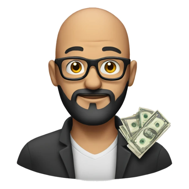 A man, bald, with  black beard, glasses and with money in his hand sticker