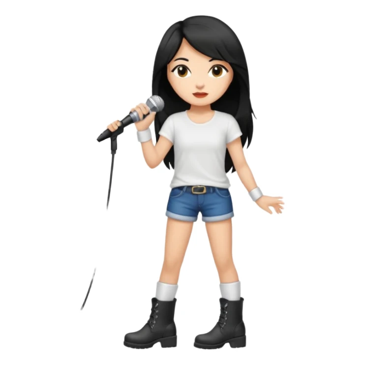 Crie uma cantora morena charmosa de shortes top e bota com microfone branca e cabelo preto sticker
