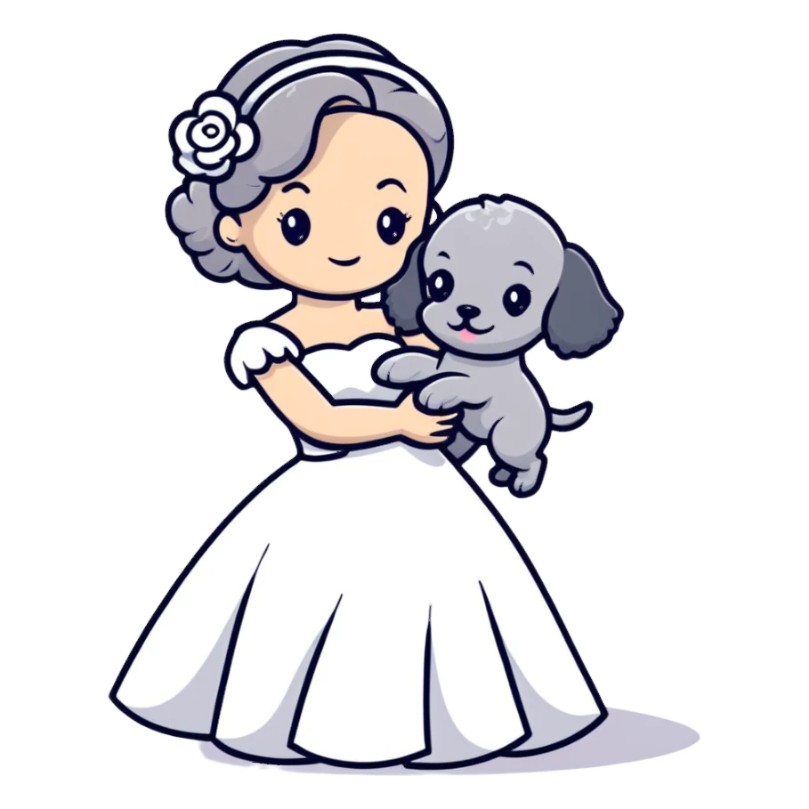 beautiful girl in a wedding dress hugging a small gray poodle sticker