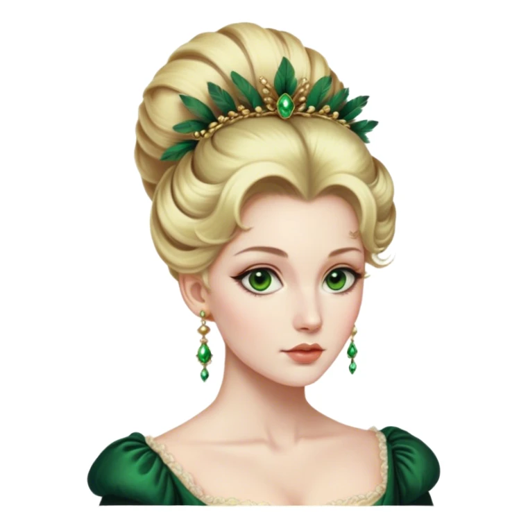 lady with Pale complexion, sharp features, high cheekbones, Blonde hair, green eyes, Regency-era elaborate updo, voluminous hairstyle, feathered ornaments sticker
