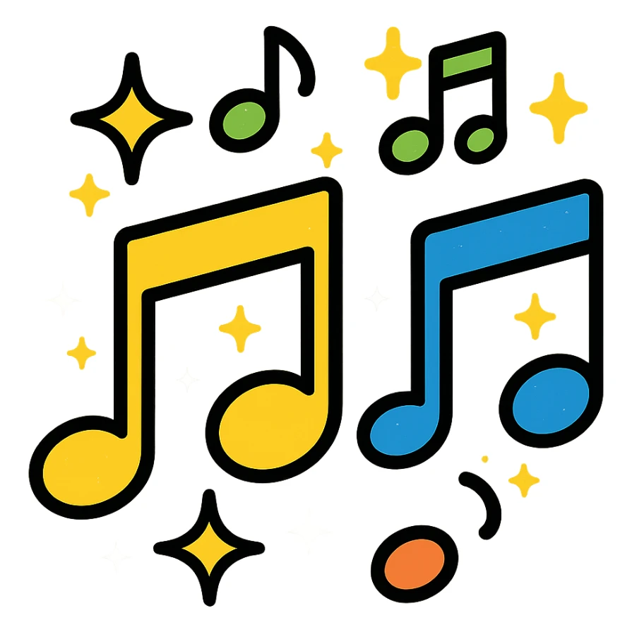 Add sparkling effects to the colorful music notes, keep the lineal color icon style with black outlines, vibrant and playful. sticker