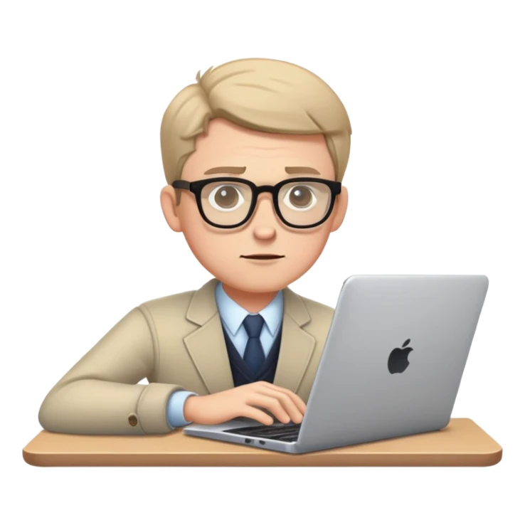 white male journalist typing on a laptop, wearing glasses, focused expression sticker