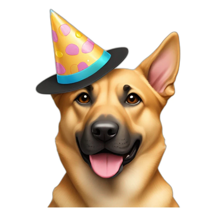 German shepherd tan Pitt bull mixed dog wearing birthday hat sticker