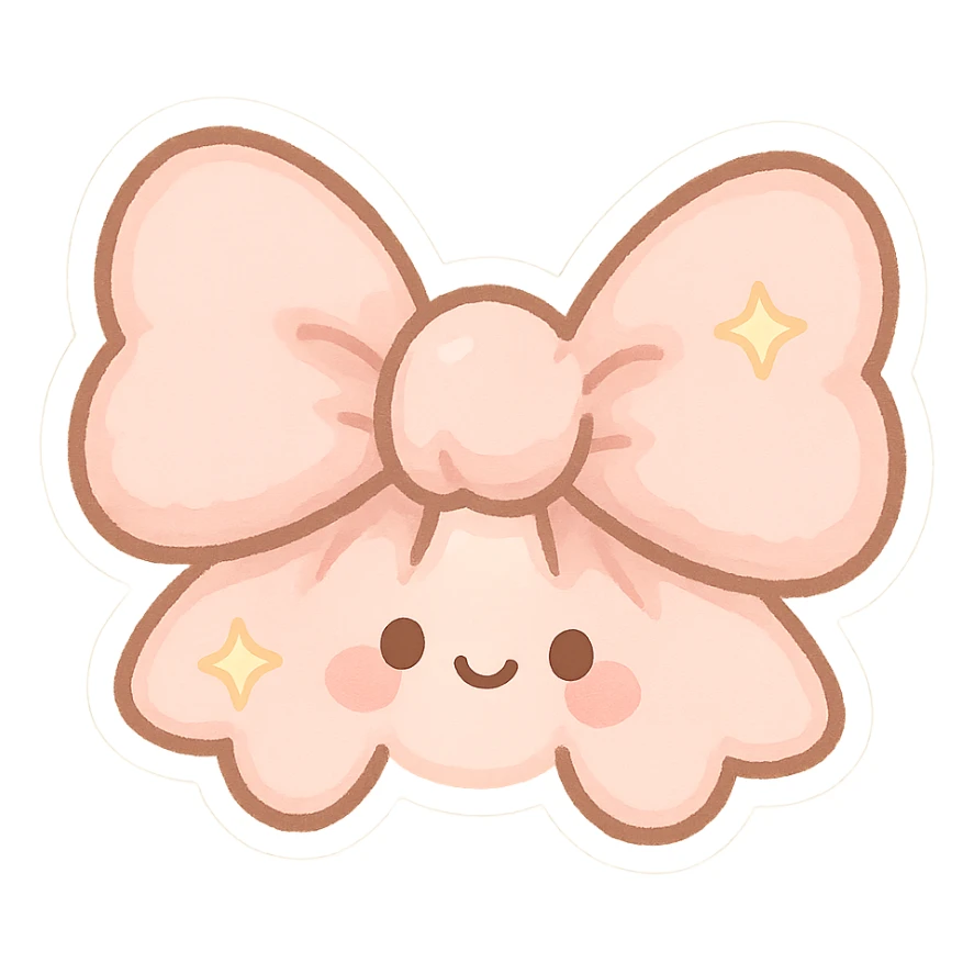 chibi style bow, pastel pink, soft fabric, cute and fluffy, kawaii style, star motif sticker
