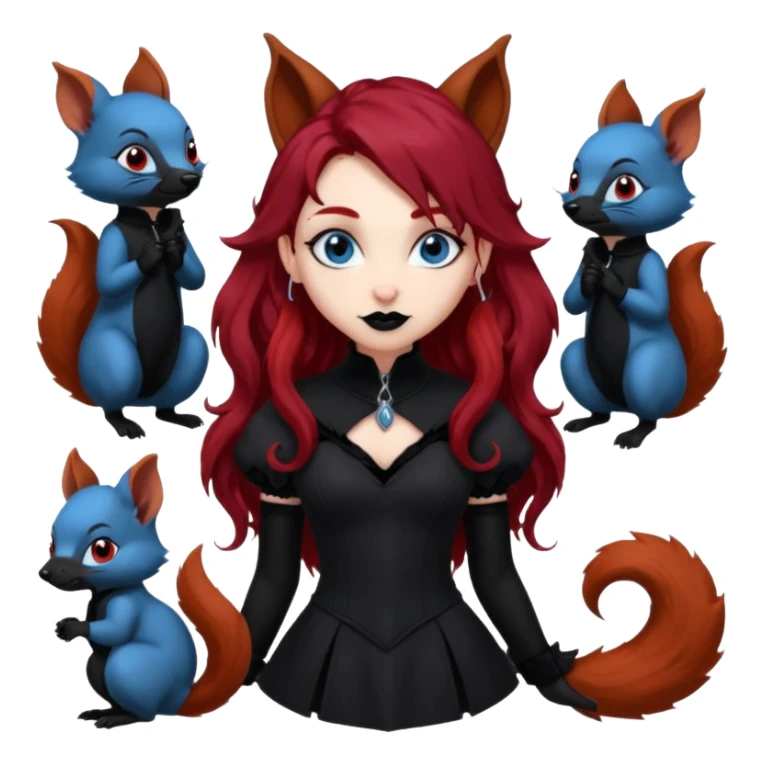  long curly red hair (darker), red pointed ears with black trim, black goth outfits, body and face human, blue eyes, more pointy chin, black lipstick, one big fluffy red squirrel tail with black tips, like the attached photo with more outfits and poses,  sticker