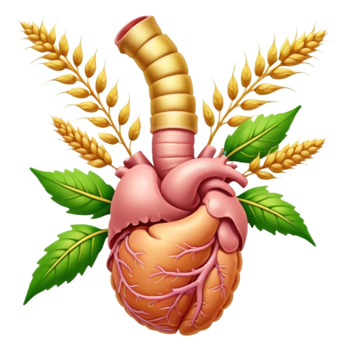 Human digestive system with esophagus, stomach, intestines, and colon, surrounded by golden wheat ears and green leaves, with glowing healing particles flowing through the digestive tract sticker