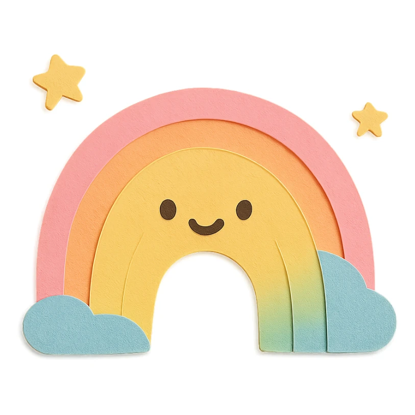 cute gentle rainbow arc, tiny star companions, soft pastel palette, no arms or legs, full body, paper craft style sticker