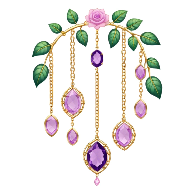 Hanging suncatcher, gold chains with shiny sparkly amethyst and rose-quartz gemstones, flowers, beautiful leaves, gorgeous aesthetics sticker