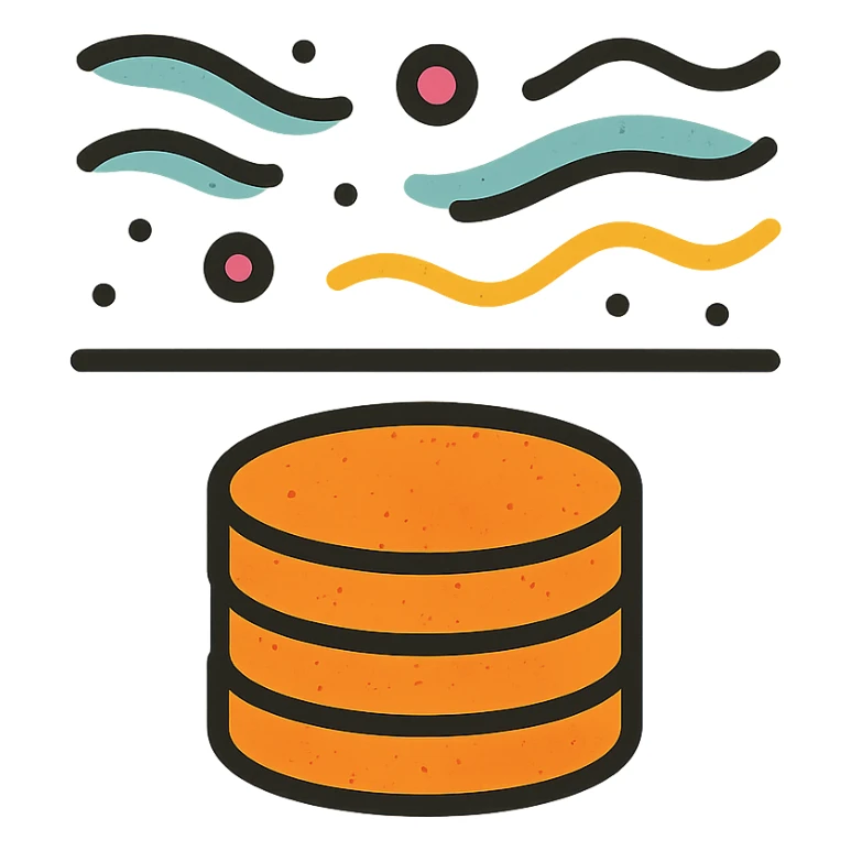 abstract minimalist icon of stacked disks partially submerged below a horizontal line representing underground, with flowing abstract data streams of lines, dots, or waves, worn and distressed effect sticker