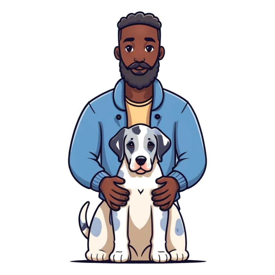 man and dog, tall bearded dark-skinned man, blue Merle Great Dane puppy, illustration style sticker